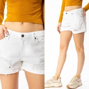 KanCan White Mid-rise Distressed Cuffed Denim Shorts